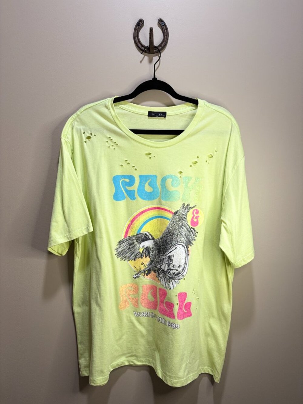 Zutter Rock & Roll World Tour 1989 Graphic Tee Neon Lime Green XL Distressed - Picture 2 of 5